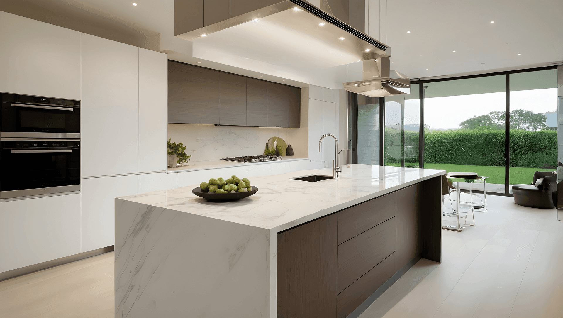 Modern kitchen with marble island, built-in appliances, and large windows overlooking a garden.