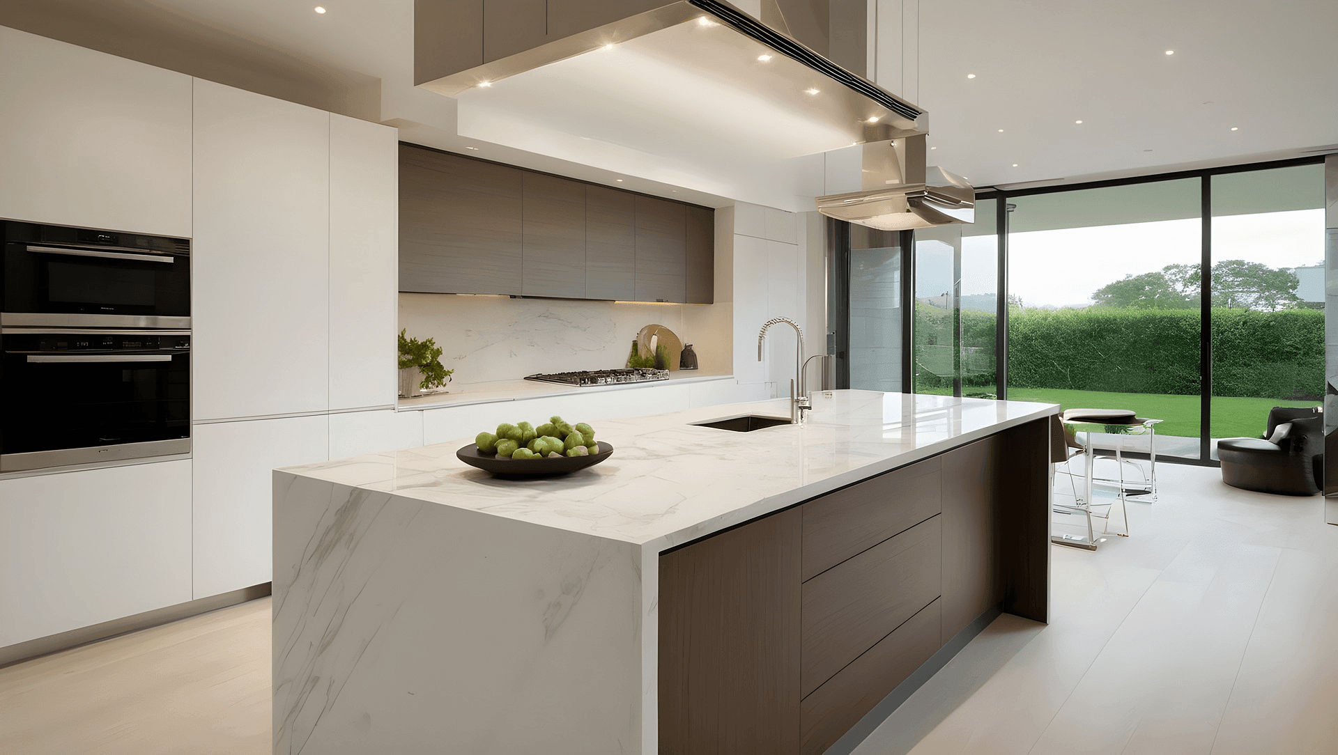 Modern kitchen with marble island, built-in ovens, and large windows overlooking a green garden.