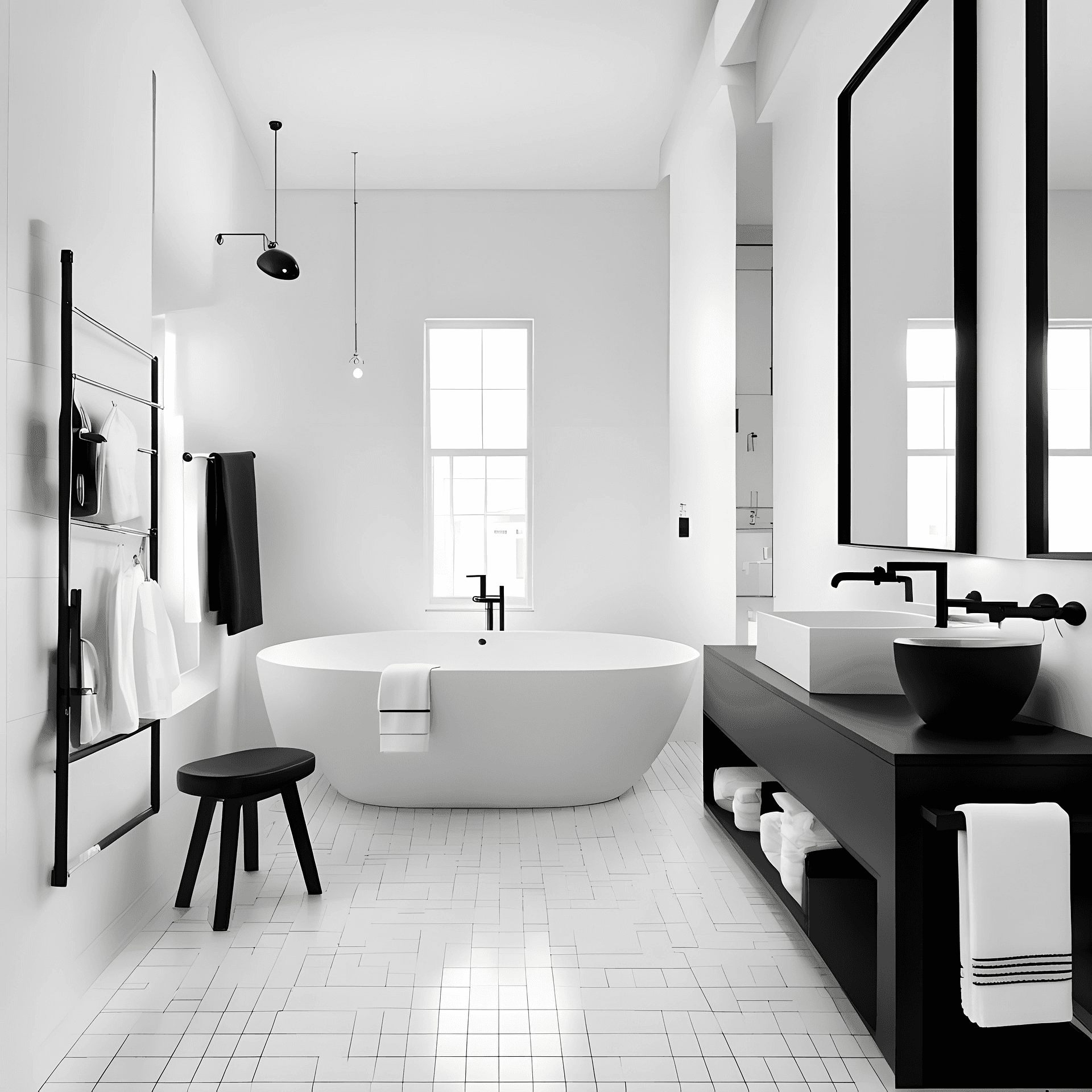 Minimalist black and white bathroom with freestanding bathtub, large mirror, and modern fixtures.