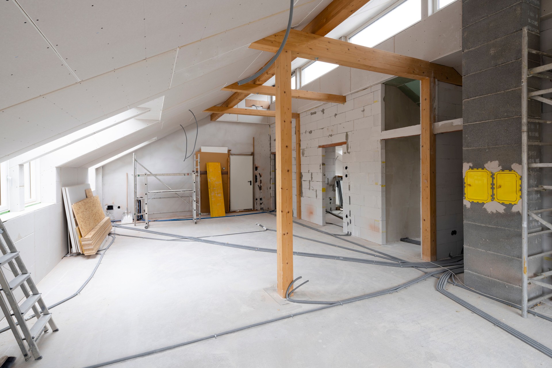 Loft construction site drywall without people in daylight